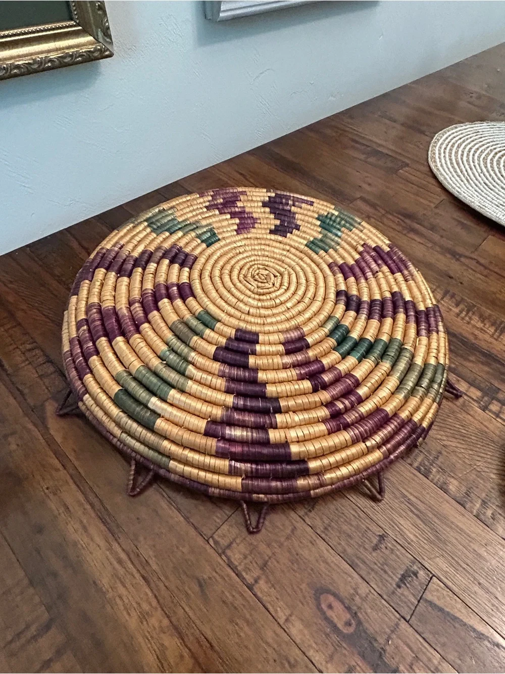 Handwoven Round Decorative Basket Tray - Gold, Burgundy, Olive